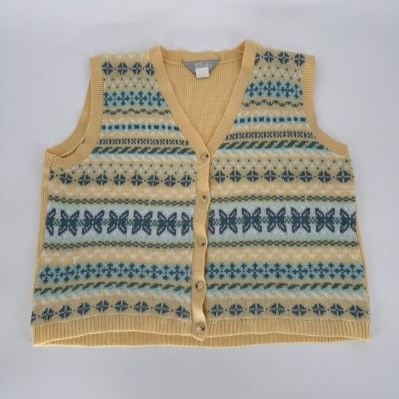 90s Sweater Vest Women's Large Ski Granny Yellow Blue Geometric Sleeveless Top‎ - Picture 1 of 7